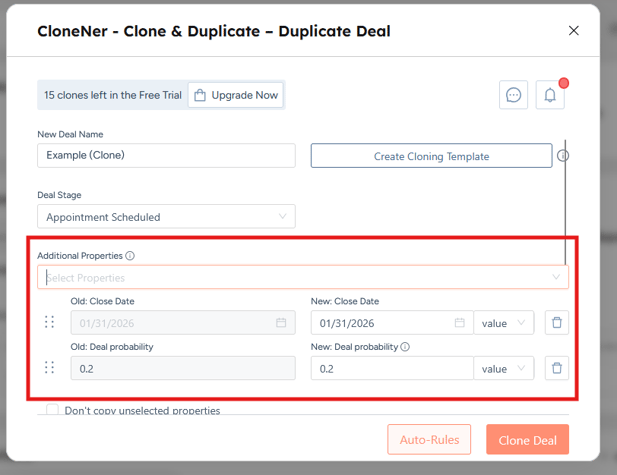 set up additional properties while cloning a deal in hubspot with clonener