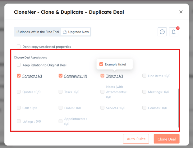 select deal associations while performing manual deal duplication in hubspot with clonener