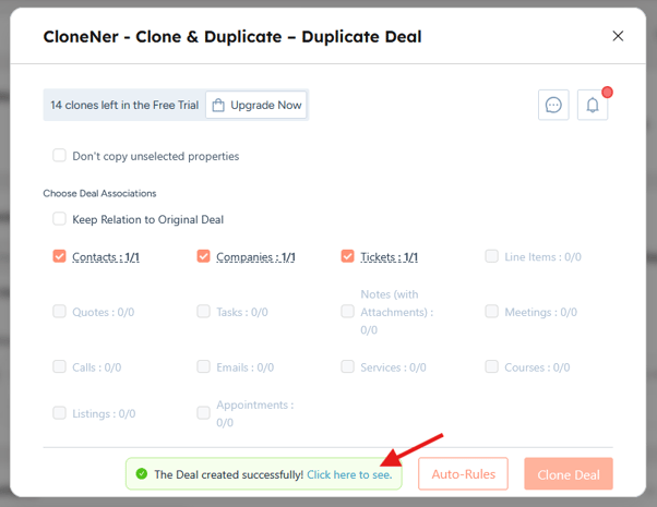 deal was duplicated successfully message in clonener